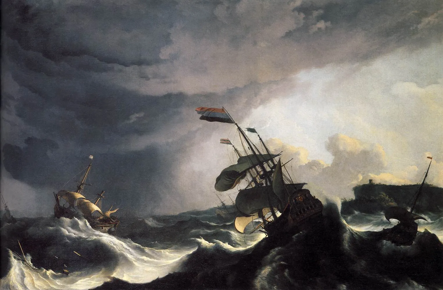 Ludolf Backhuysen, Schepen in nood in een woeste storm, circa 1690.