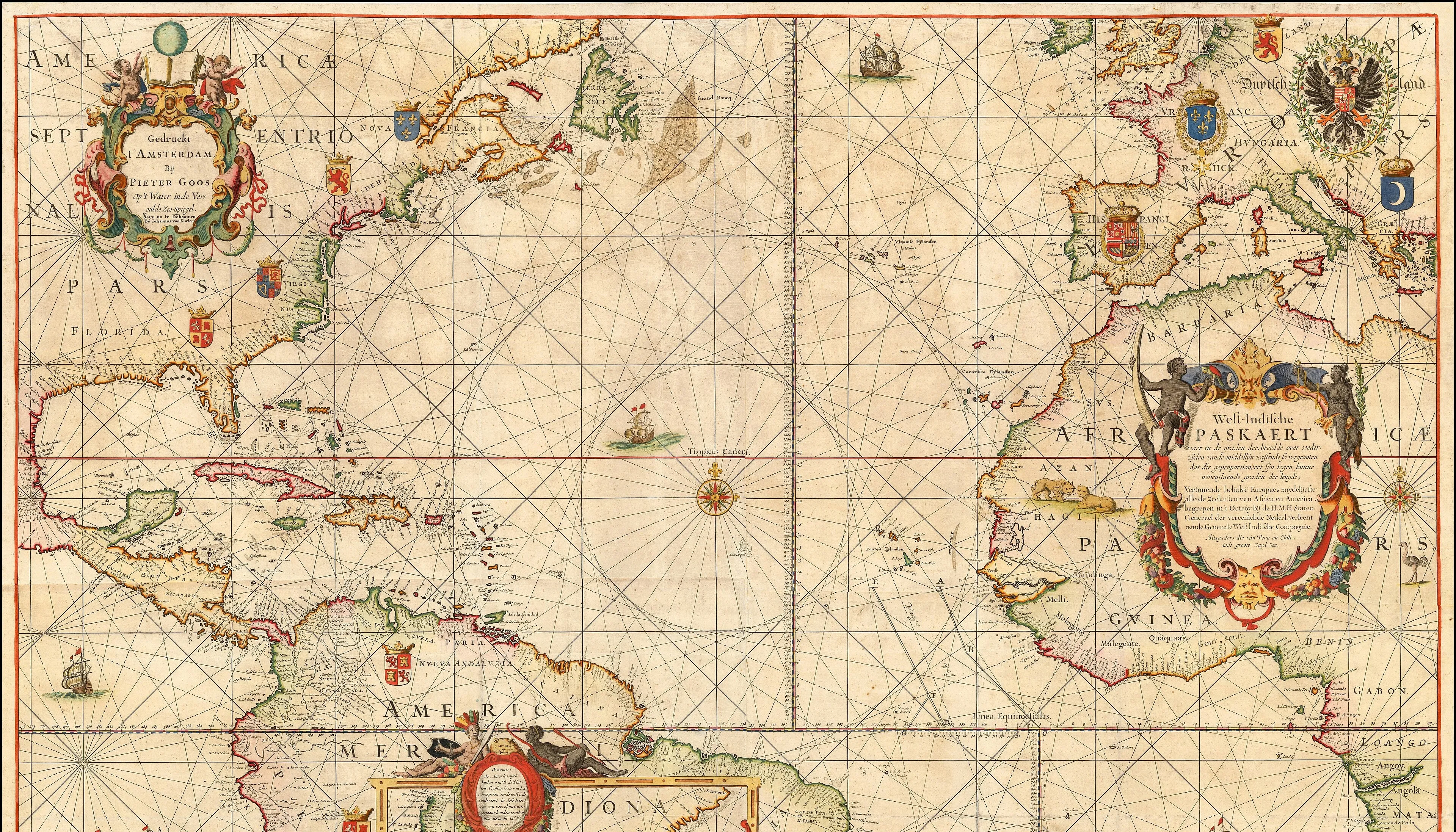 Een Nederlandse zeekaart, rond 1680 in Amsterdam gedrukt, met de Atlantische Oceaan van Nieuw-Nederland (het huidige New York) tot Amsterdam, met aantallen alerts per service, twee gemarkeerde incidenten en een koers naar de poolster boven Amsterdam.