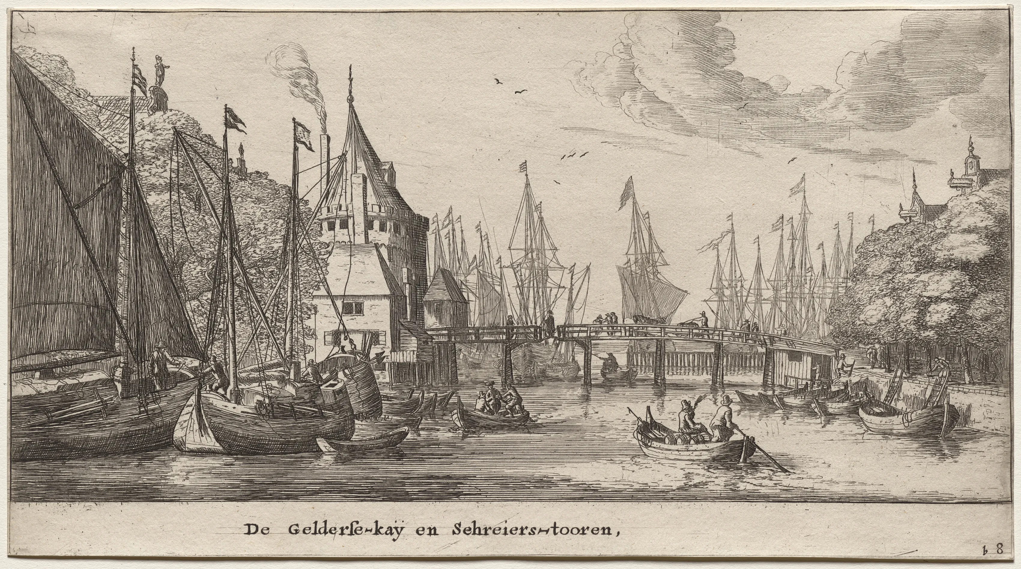 Detail van Reinier Nooms’ gravure van schepen aan de Geldersekade in Amsterdam.
